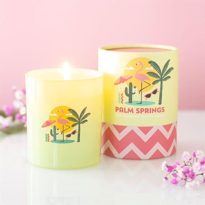 Palm Springs pink grapefruit scented candle with its colour cardboard box
