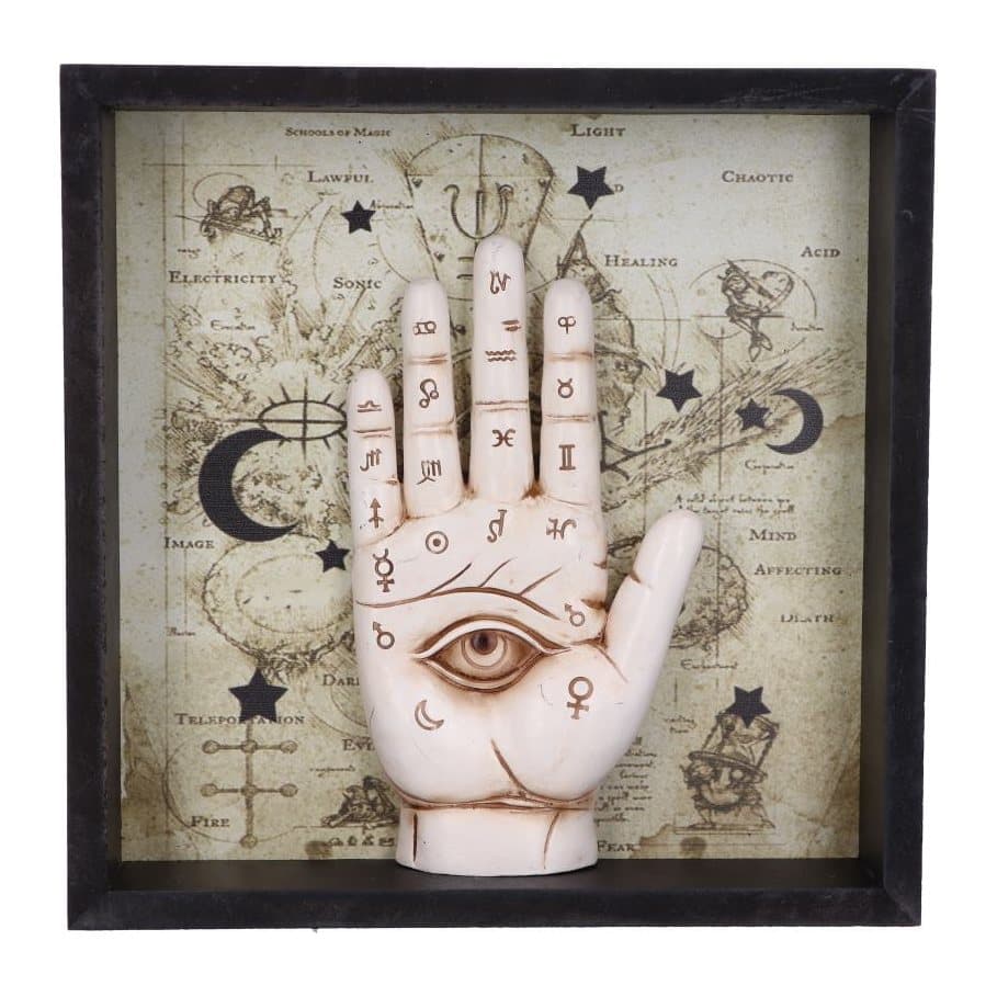 Resin hand ornament in a black frame above an aged School of Magic background