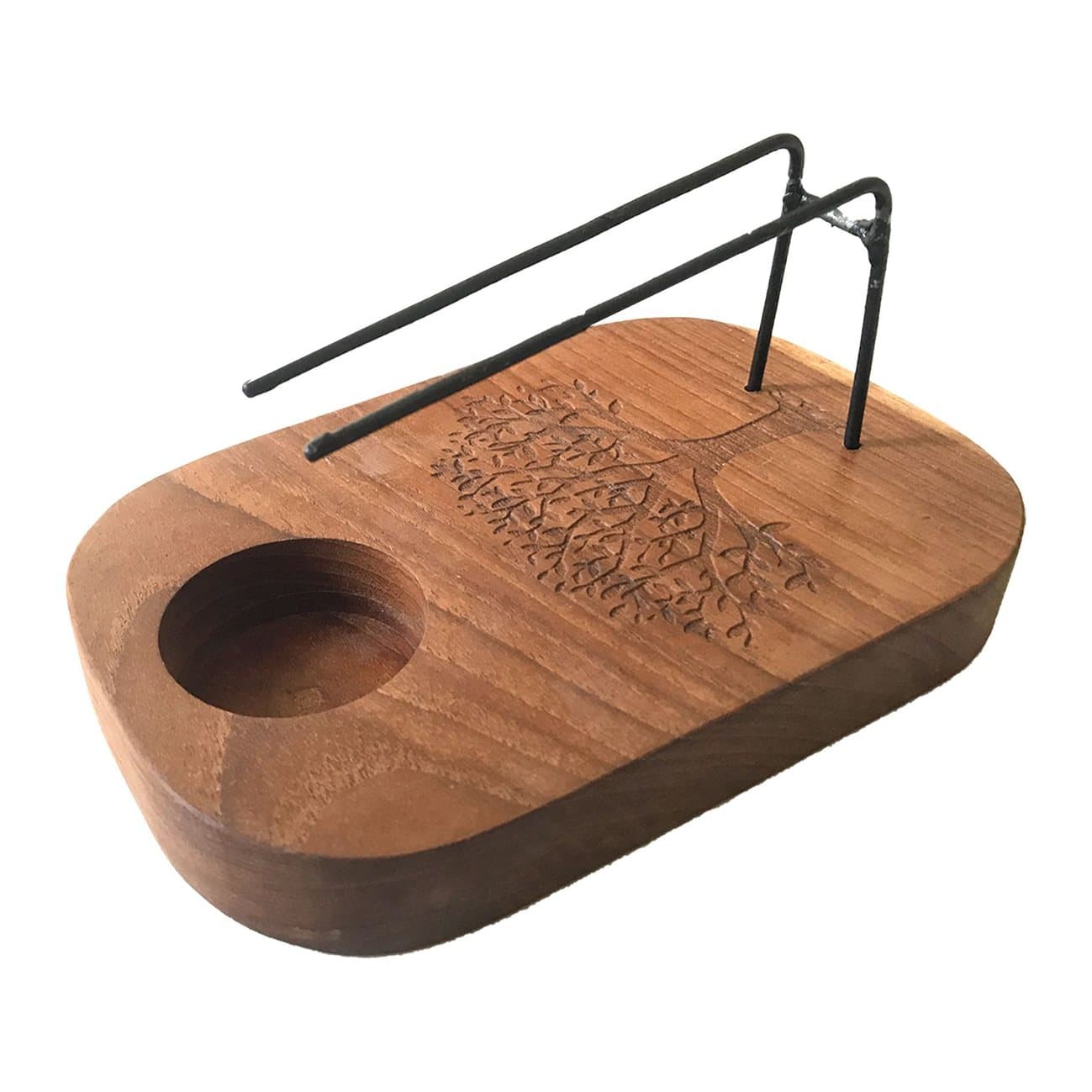 Teak wood and metal palo santo heater with a Tree of Life design