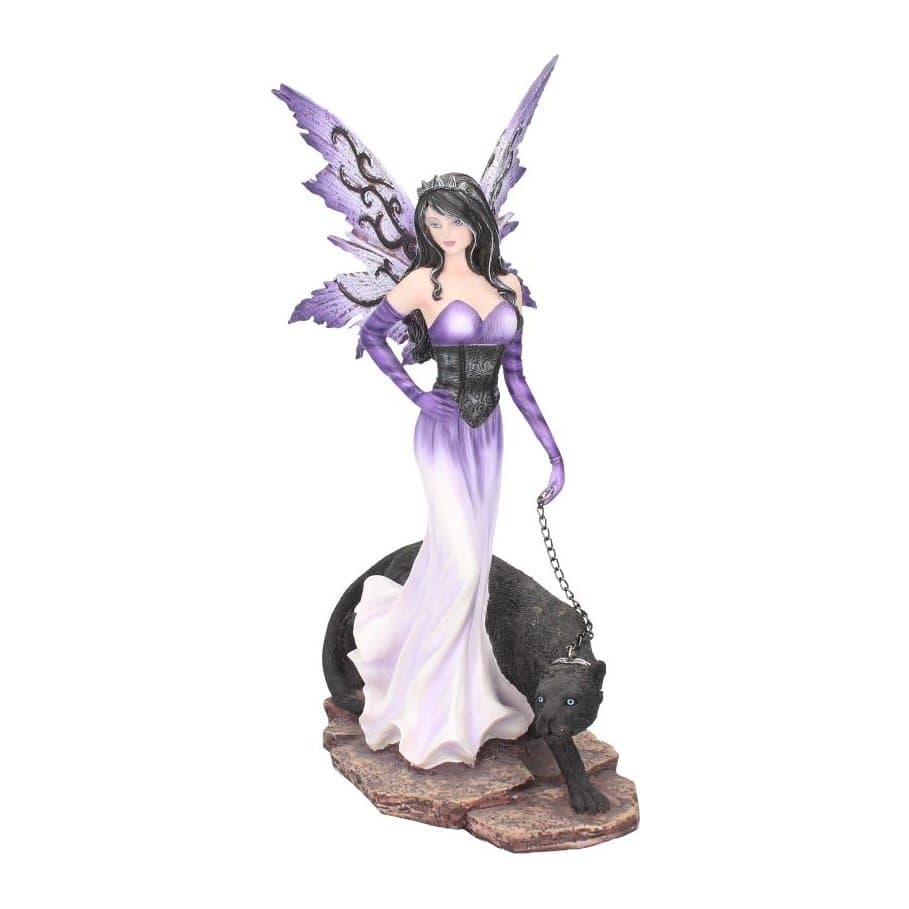Fairy figurine in white dress and purple wings walking with a black panther on a chain