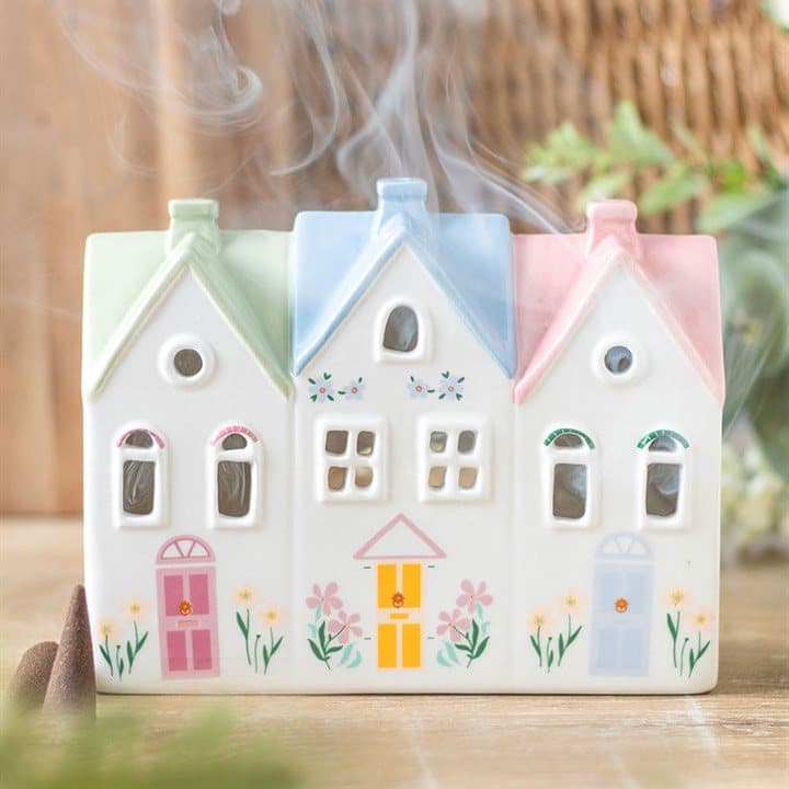 Pastel house-shaped incense cone burner and tealight holder