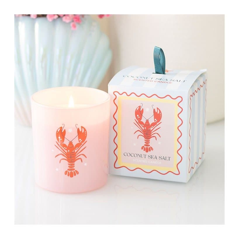 Pastel lobster coconut and sea salt glass candle with colour cardboard box