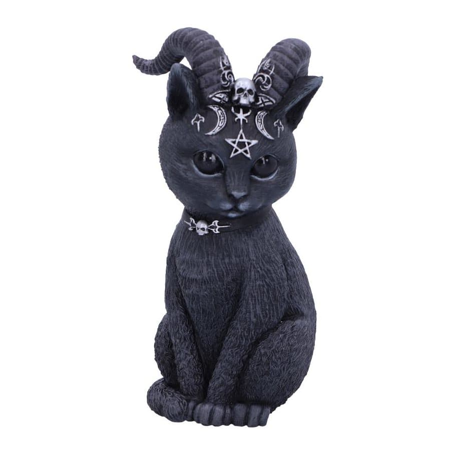 Hand-painted black cat figurine with goat horns and occult symbols