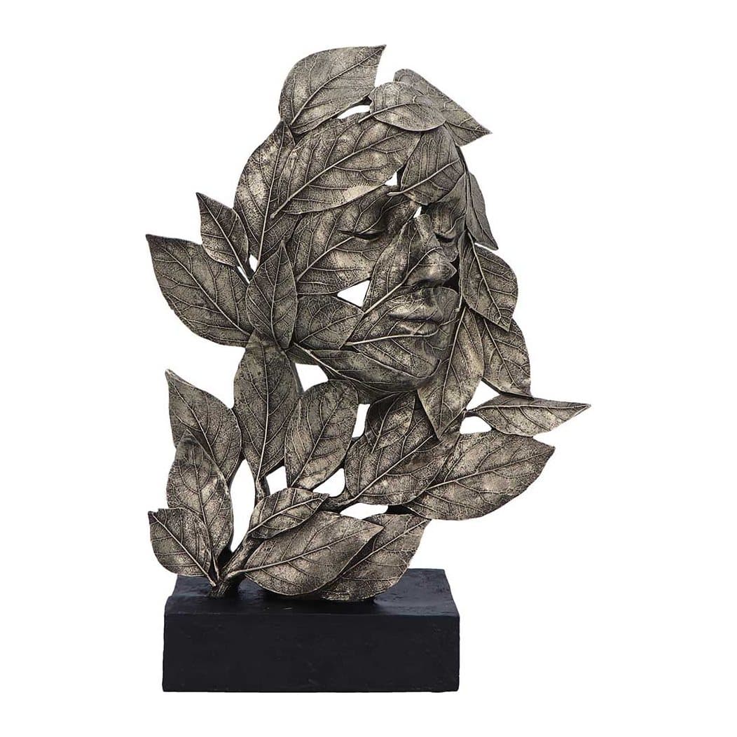 Silver resin statue of a woman with a head of sculpted leaves