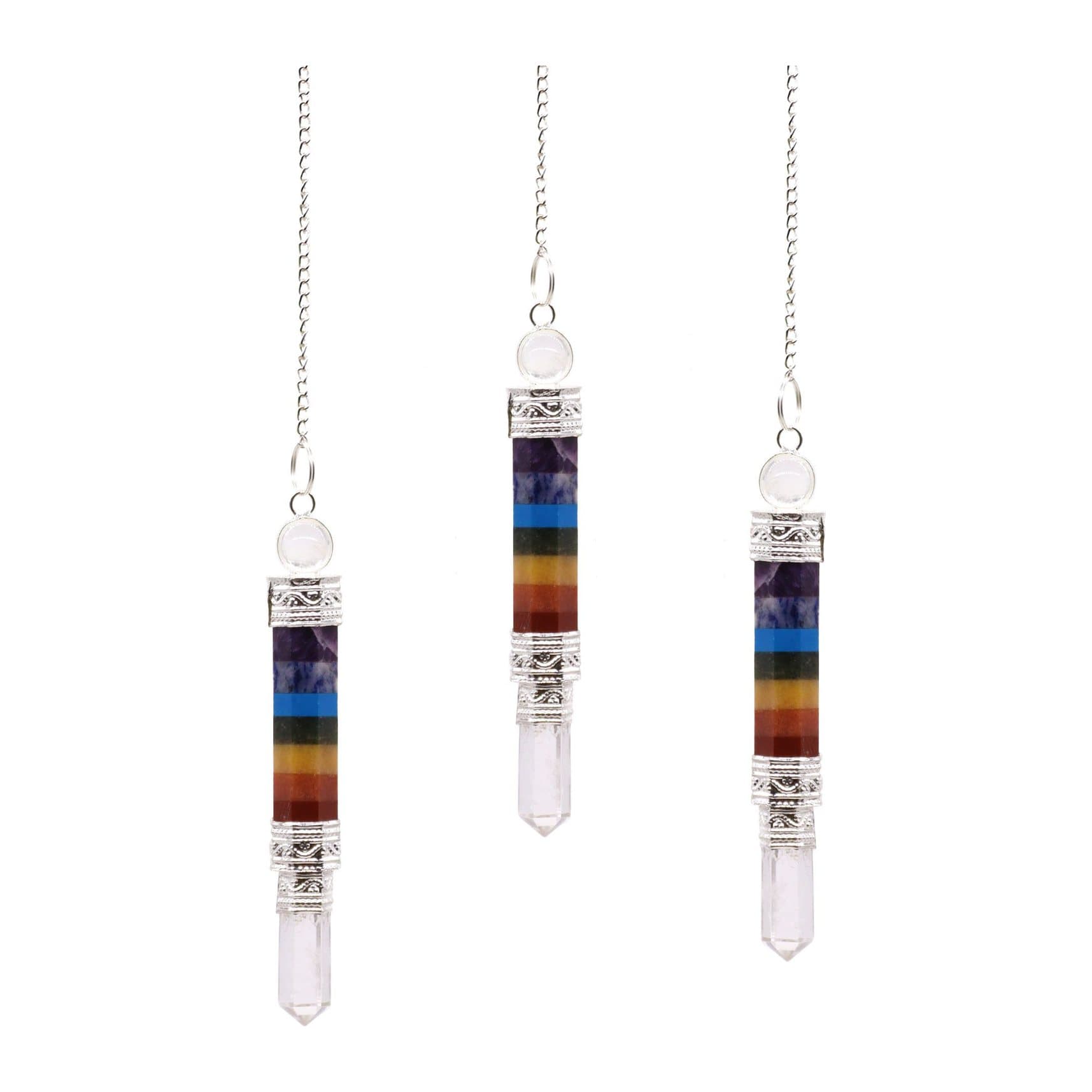 7 chakra pendulum with a clear crystal point and silver-tone detailing