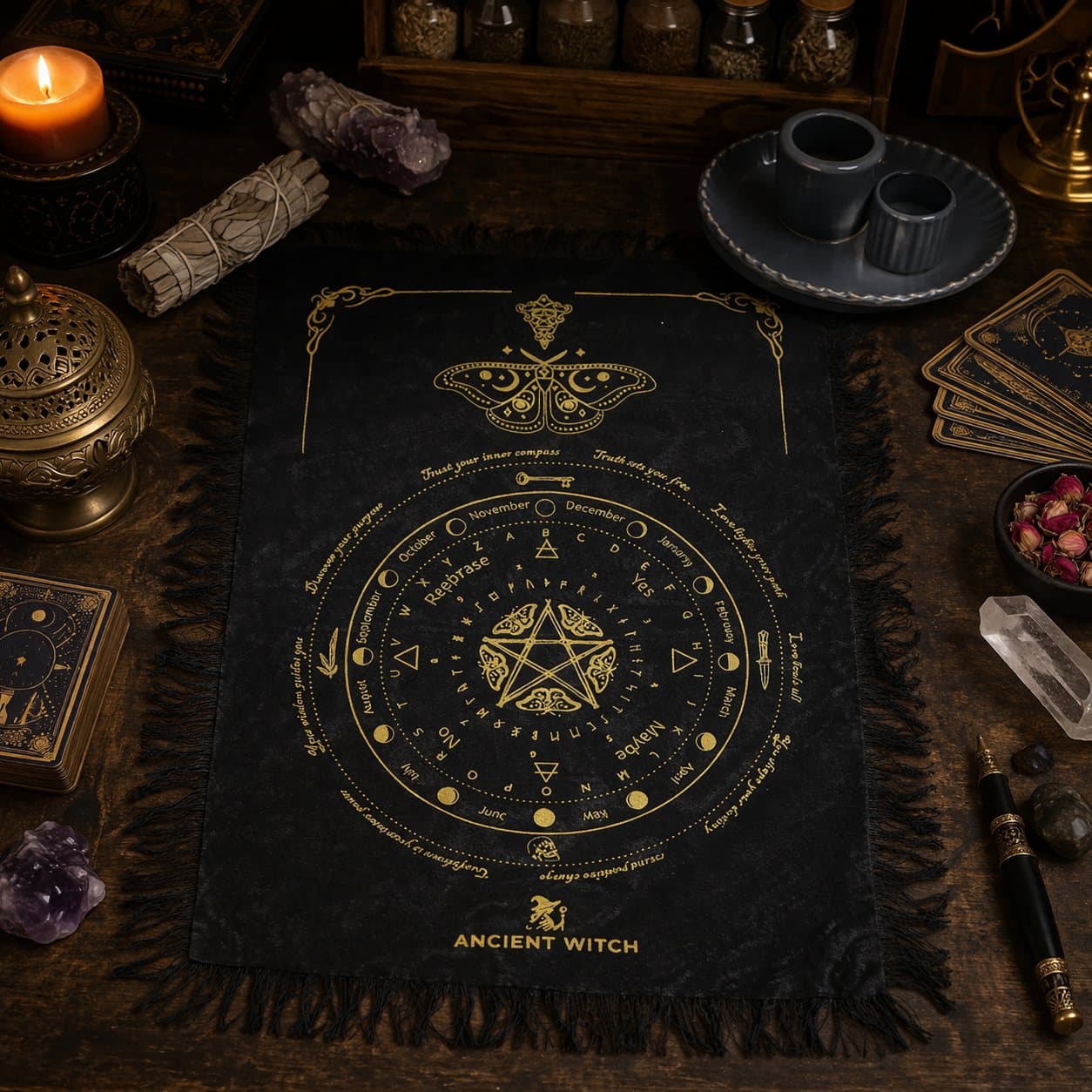 Cotton pendulum cloth with a moth above a circular divination layout and fringe edges