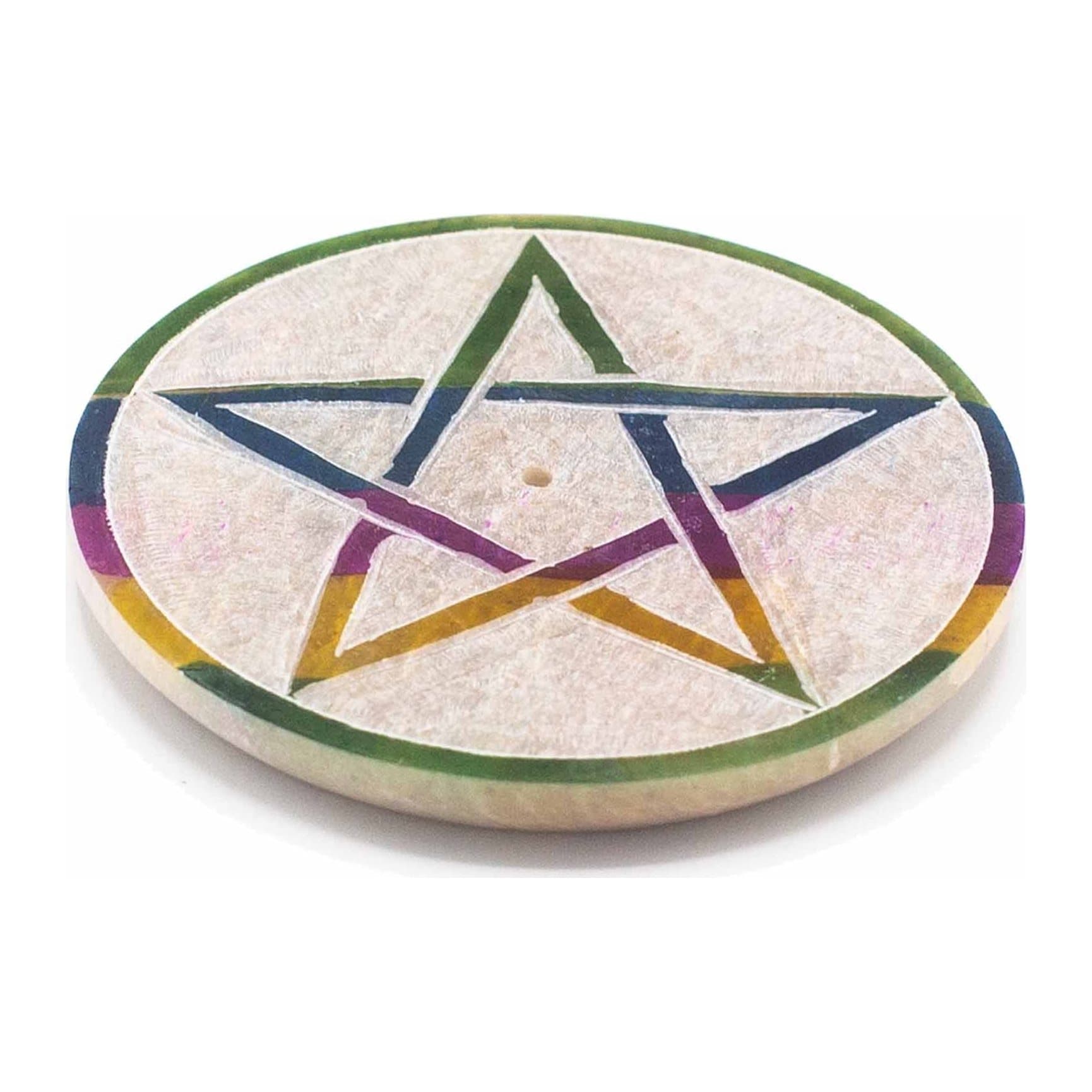 Pentagon-shaped soapstone disc incense holder, 8 by 8 centimetres