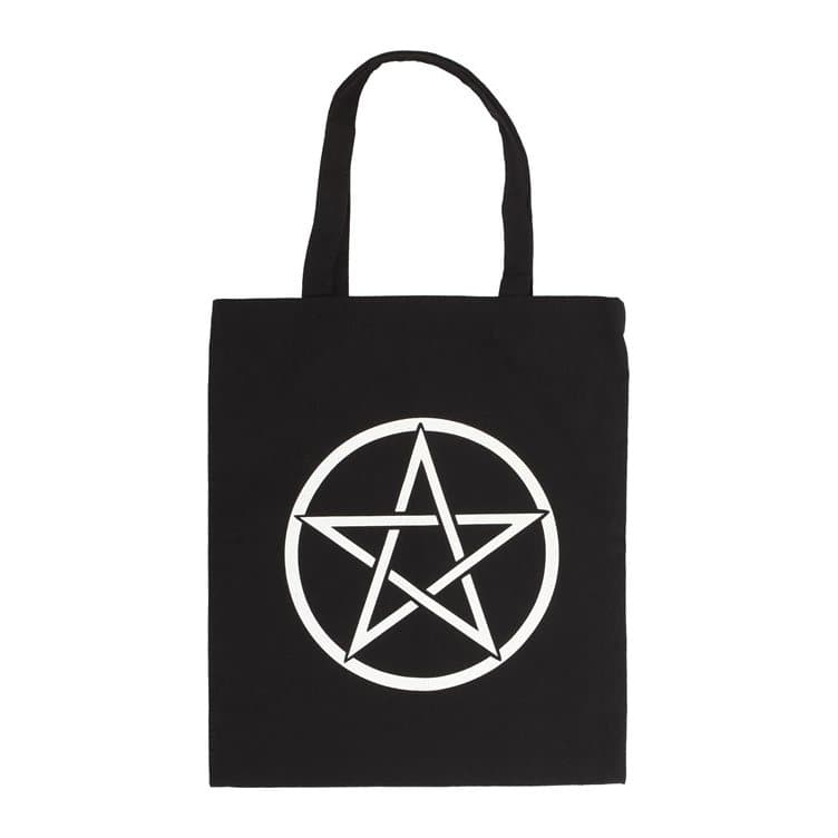 Black polycotton tote bag with a large pentagram print