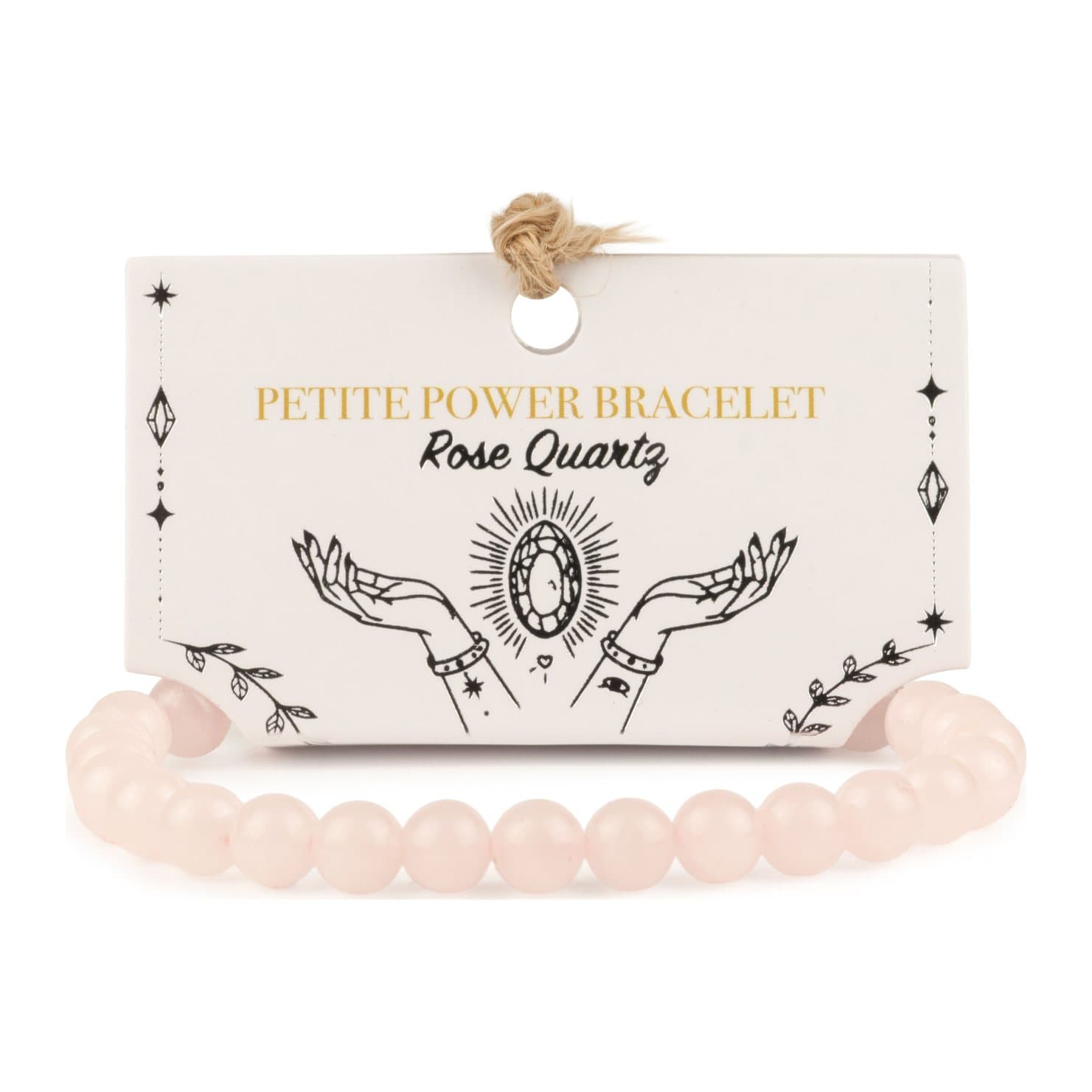 Rose quartz bracelet of polished blush-pink 6 mm beads on an illustrated card