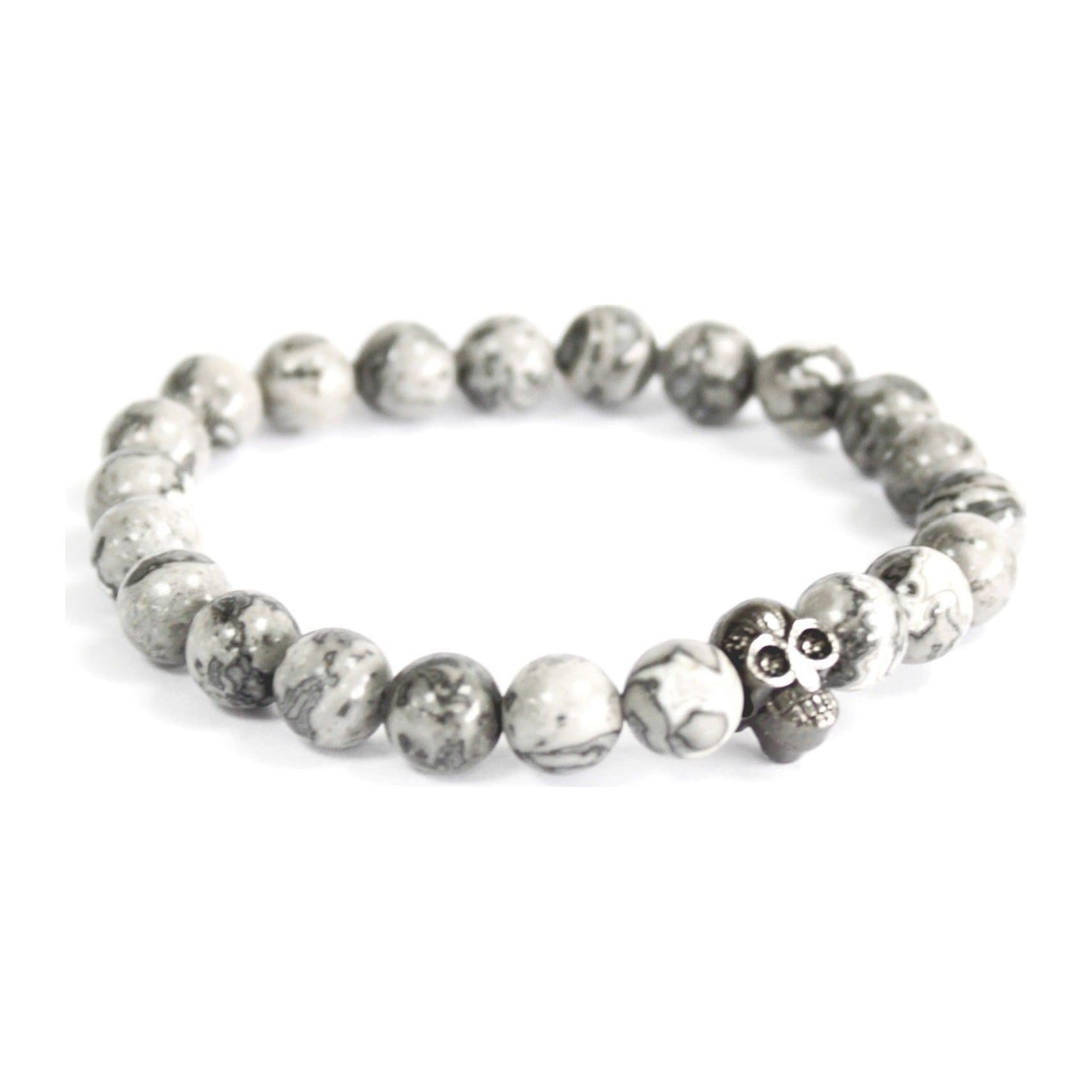 Grey agate stretch bracelet with a pewter skull