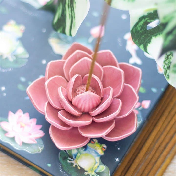 Pink ceramic water lily incense stick holder