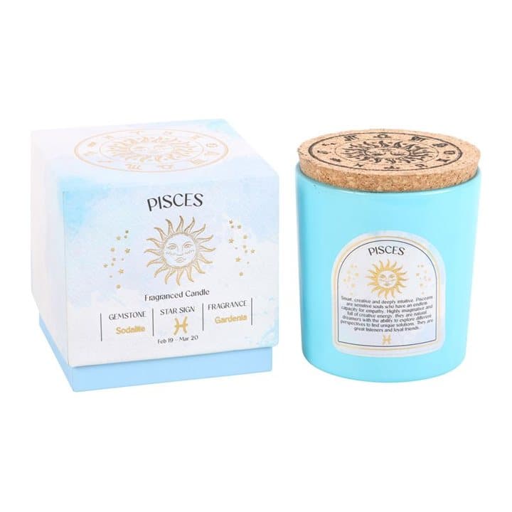 Pisces zodiac candle with gardenia scent and sodalite chips