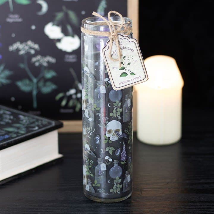 Glass tube candle with a deadly nightshade design