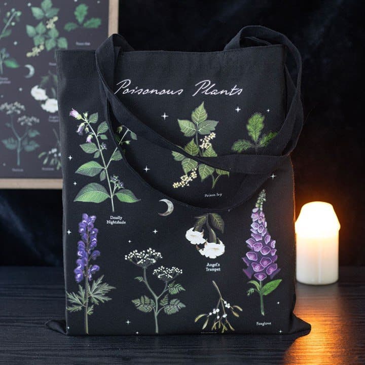 Polycotton tote bag with an intricate poisonous plant design