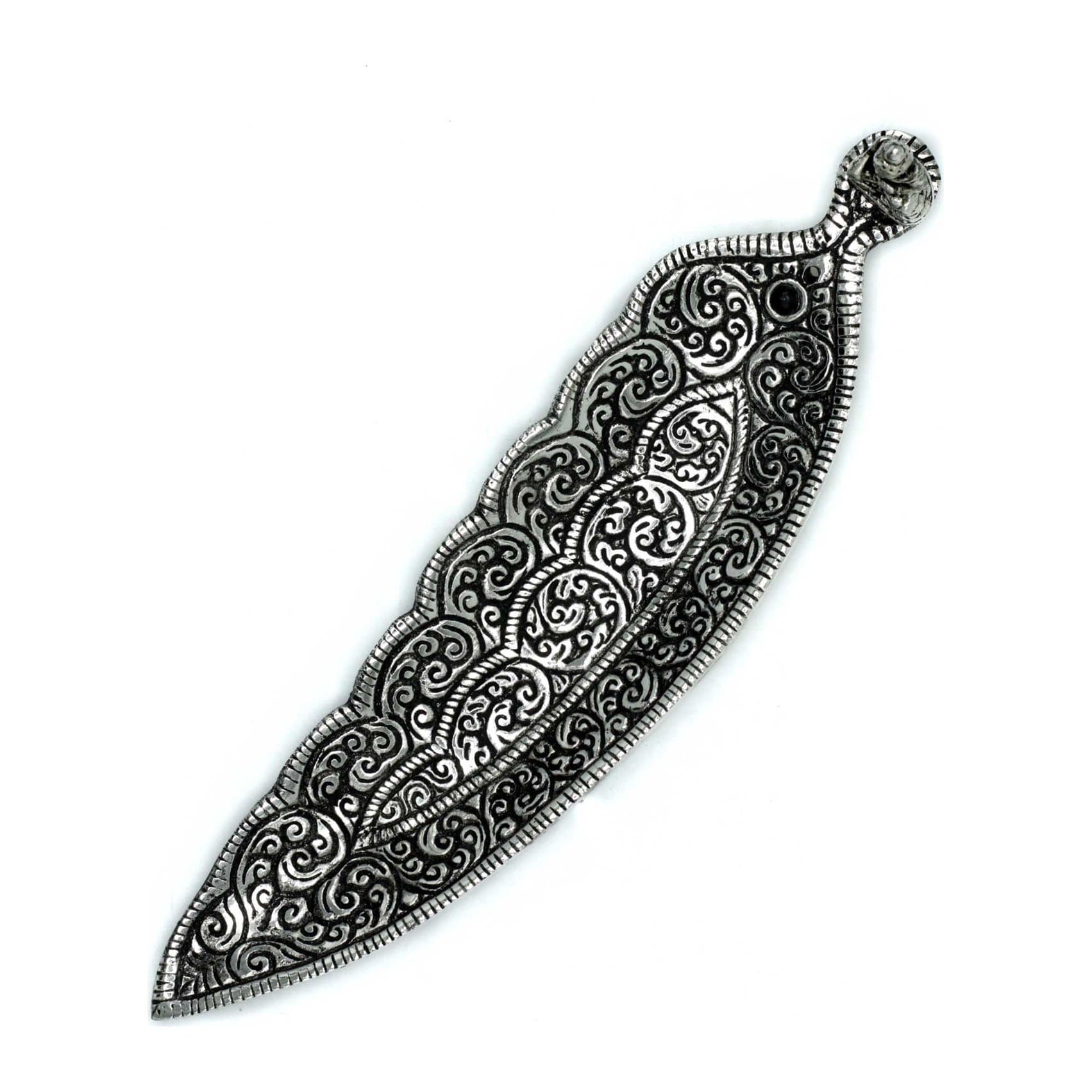 Long polished aluminium incense holder with a Buddha figurine on the base