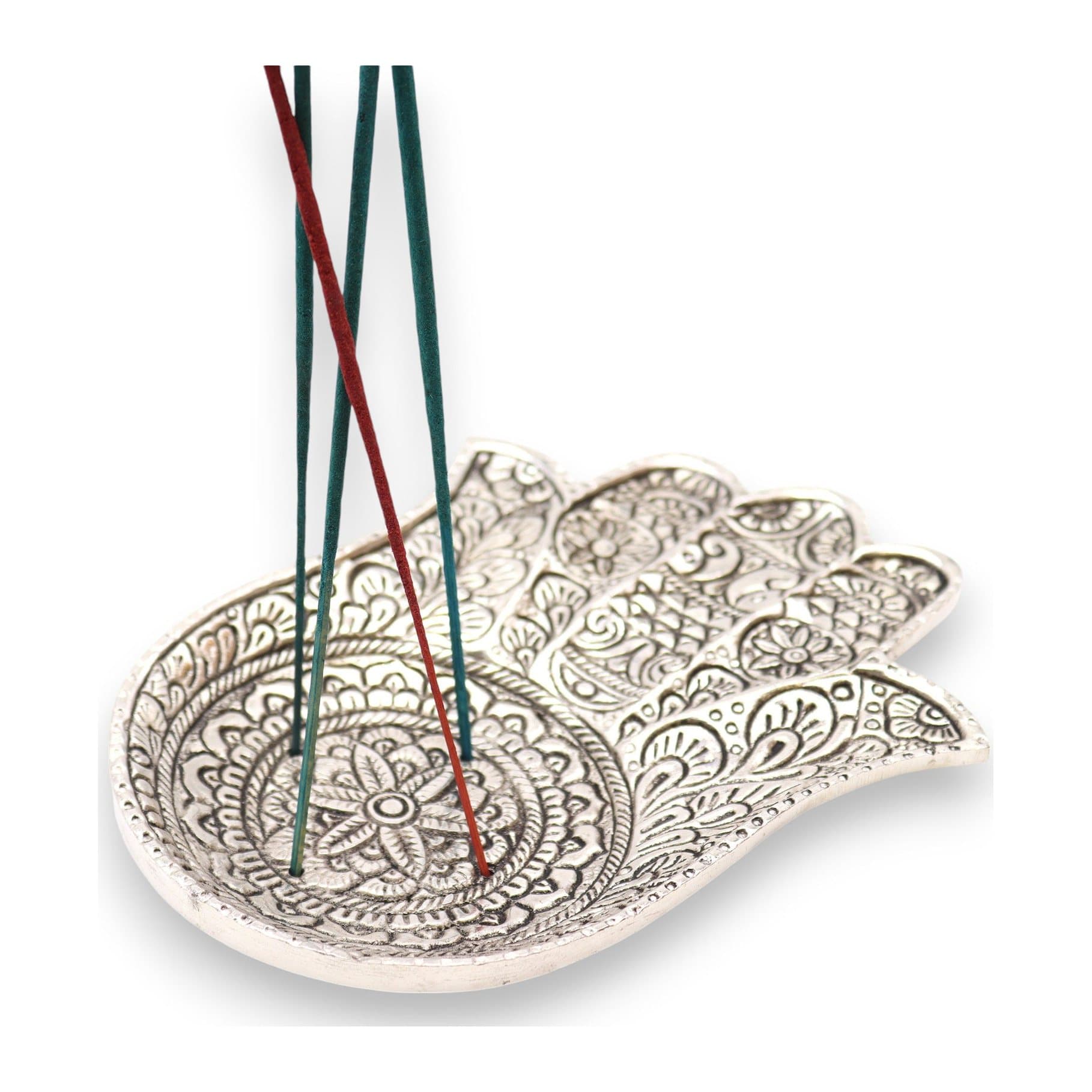 Large polished aluminium incense holder with a hamsa design