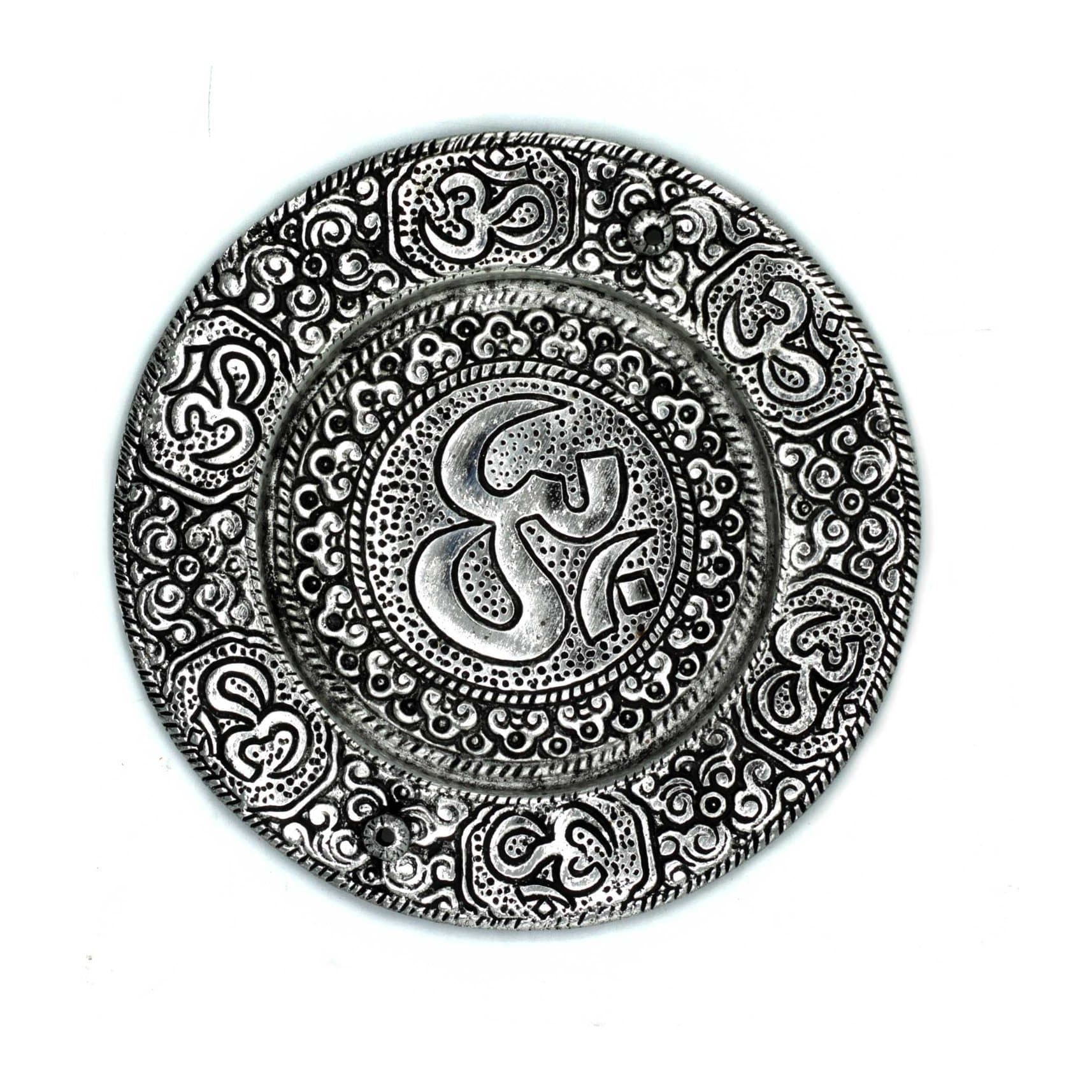Round polished aluminium incense holder with an Om symbol