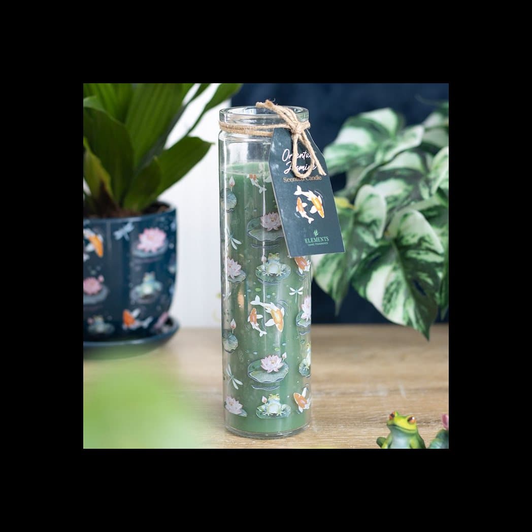 Oriental jasmine tube candle with a pond design of lily pads, frogs and koi