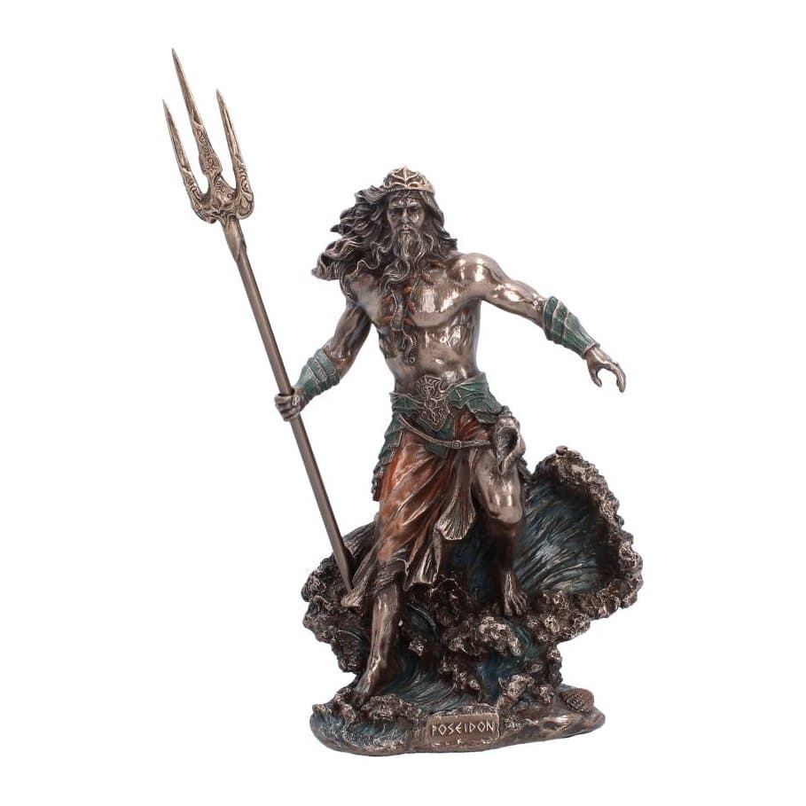 Poseidon figurine with trident on a crashing sea wave base