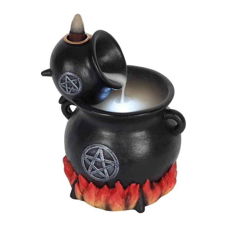 Resin cauldron backflow incense holder with flames and a silver-effect pentagram