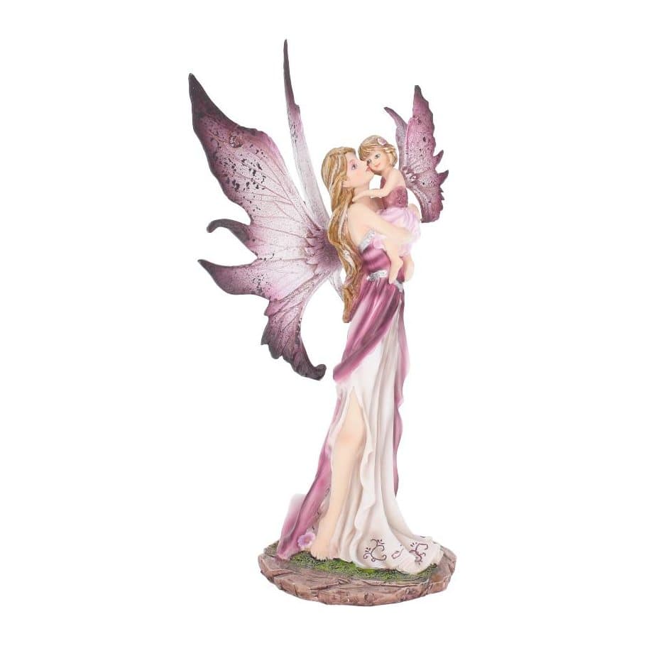 Fairy mother with purple ombre wings cradling her baby, both in fuchsia dresses