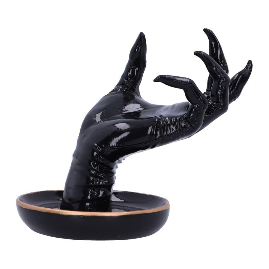 Black gothic hand jewellery holder with long pointed nails and a small trinket tray