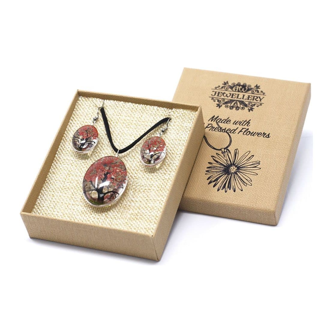 Coral pressed flower tree of life necklace and earrings