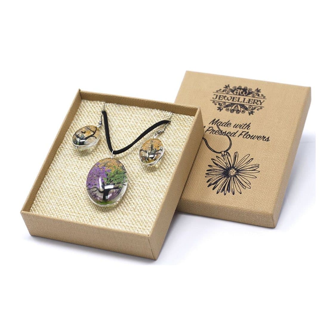 Tree of life necklace and earrings with real pressed flowers in glass