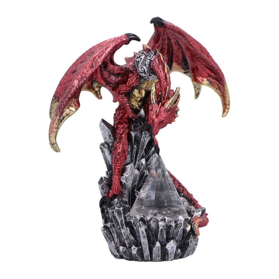 Crimson and gold resin dragon figurine with a faceted prism centrepiece