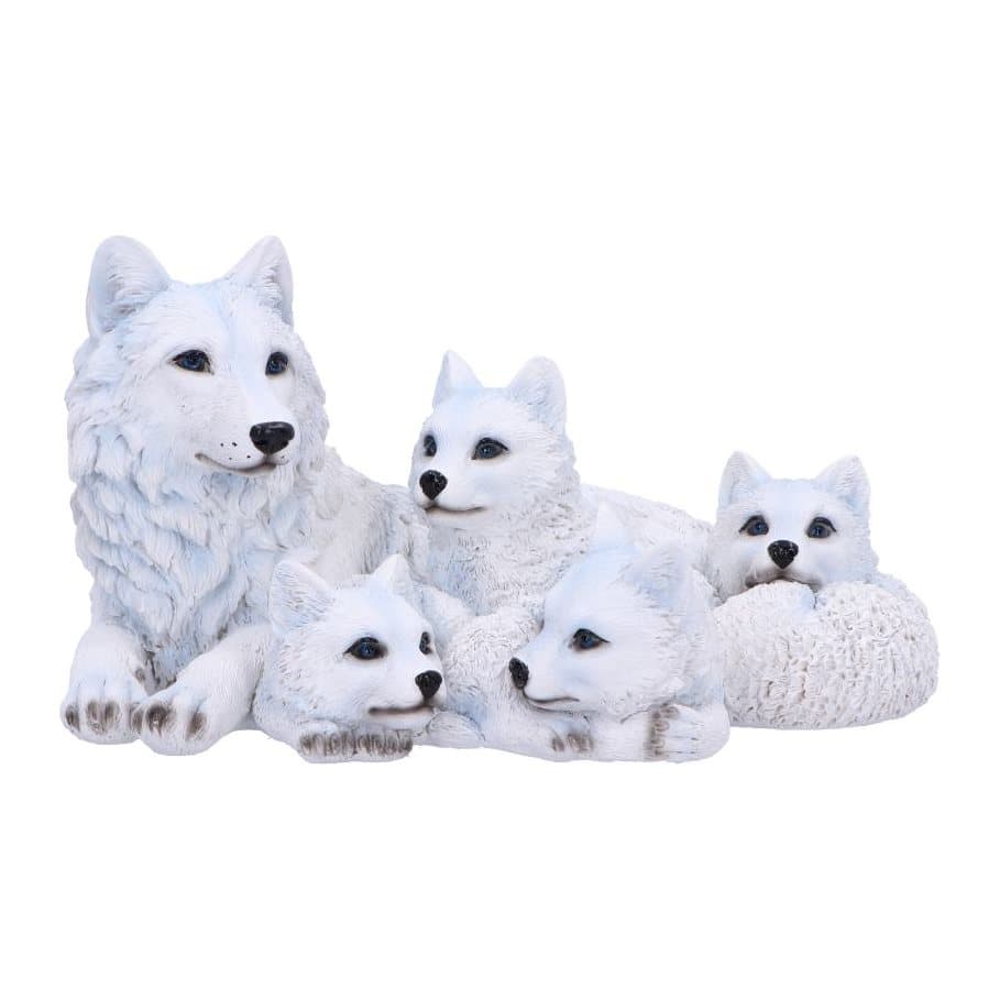 White mother wolf figurine with four pups and blue eyes