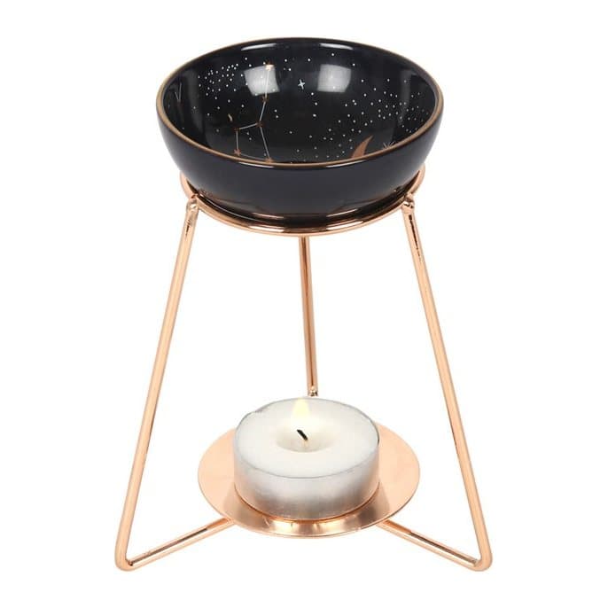 Purple constellation oil burner bowl with gold details on a gold-coloured stand