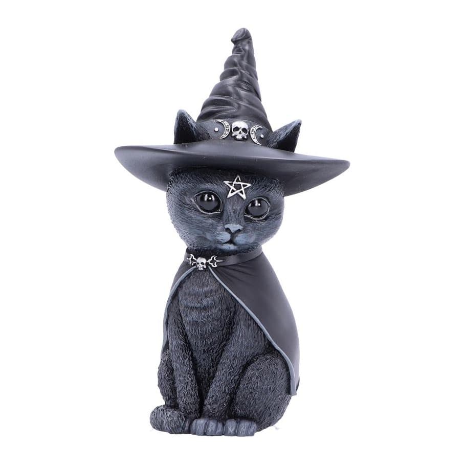 Resin witch cat figurine in a large pointed hat and cape with silver details