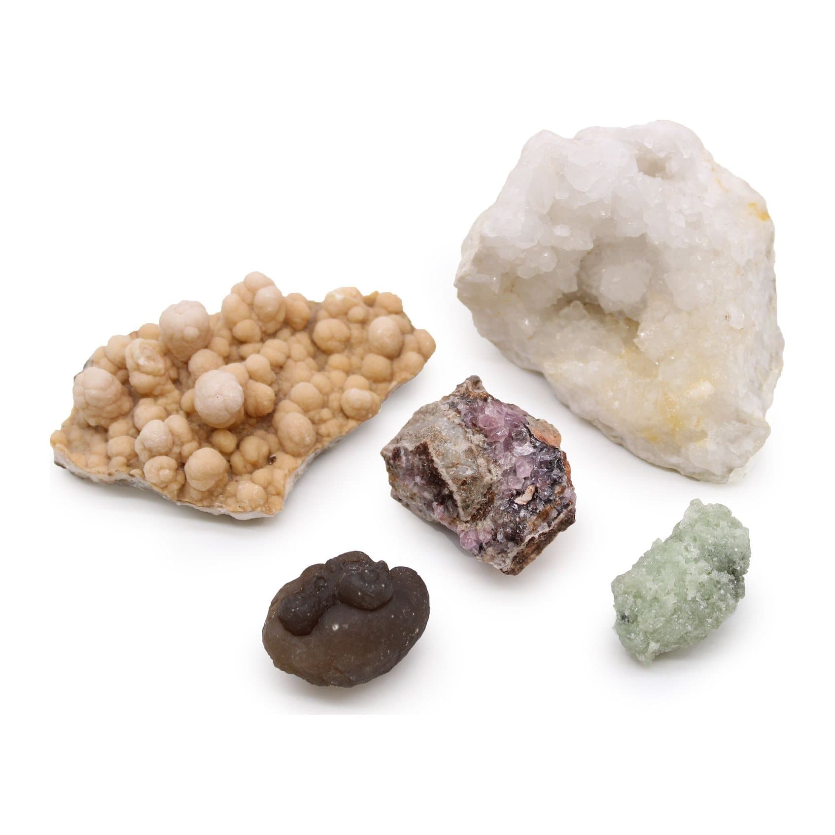Pack of five natural mineral specimens including calcite and prehnite
