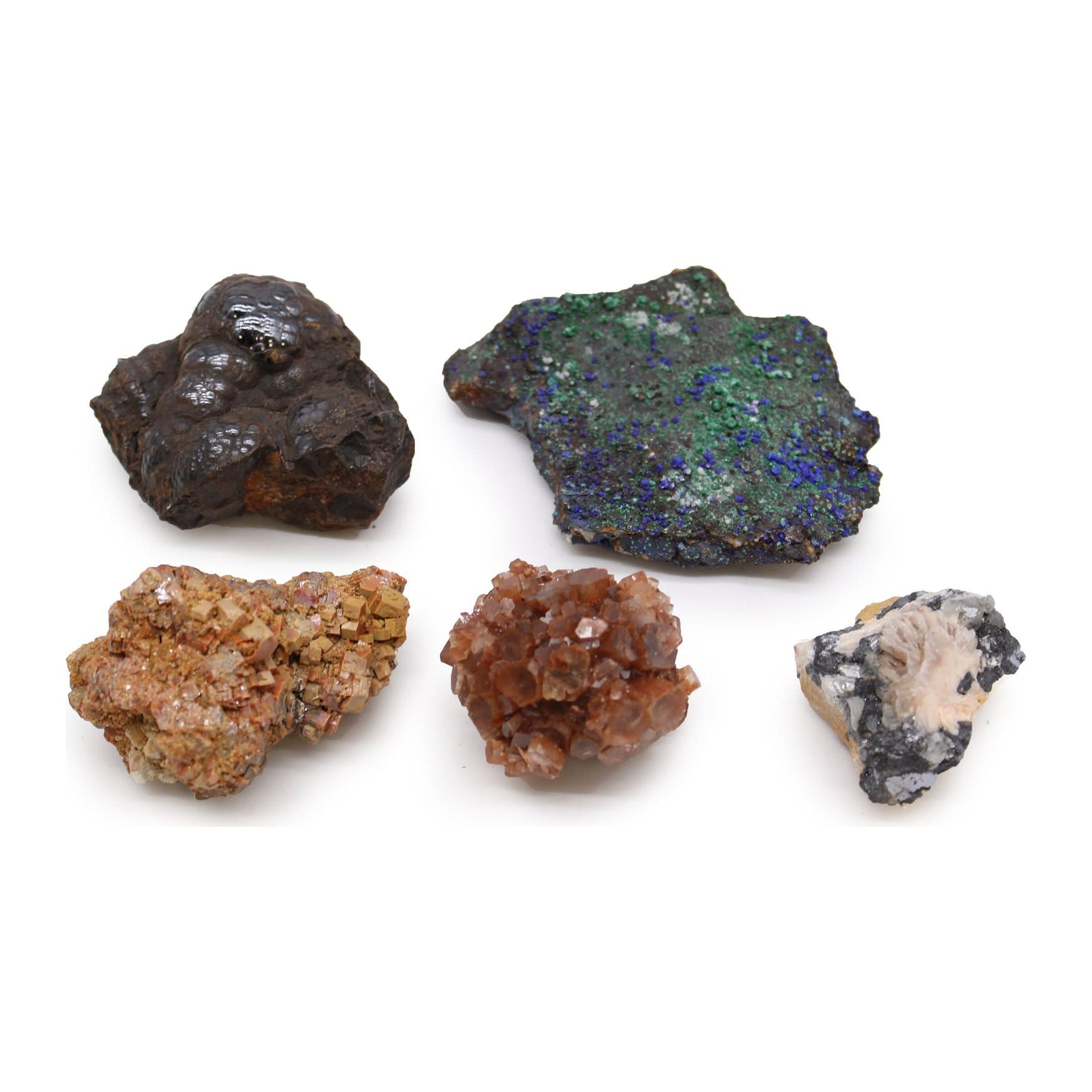 Pack of five rare mineral specimens including azurite malachite
