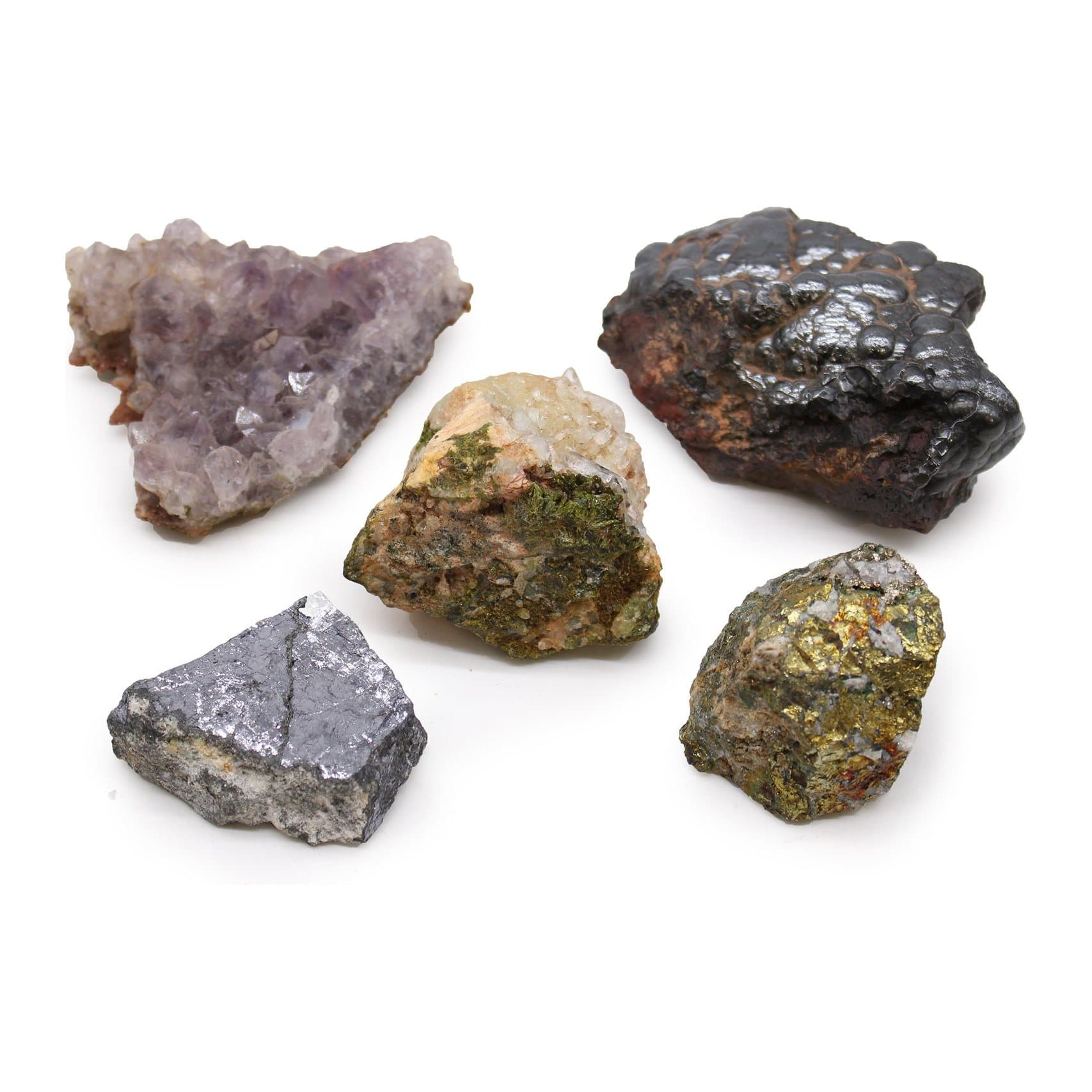 Pack of five natural mineral specimens in mixed colours