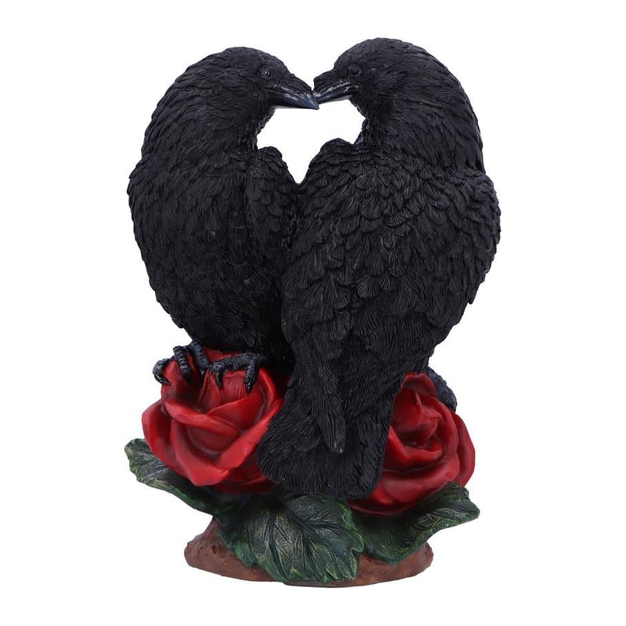 Resin figurine of two black ravens sitting together on deep red roses