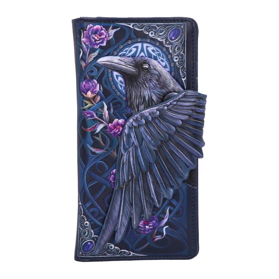 Embossed black raven purse with its wing covering the side