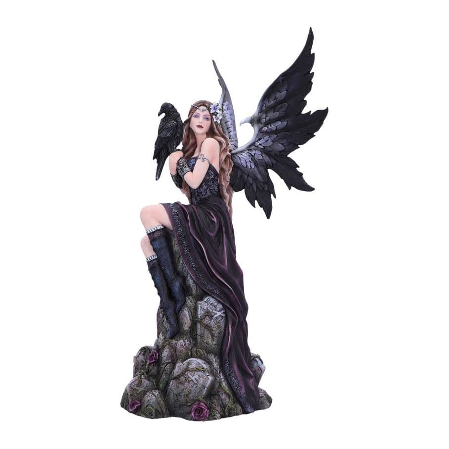 Fairy with black and purple wings among gravestones with a raven