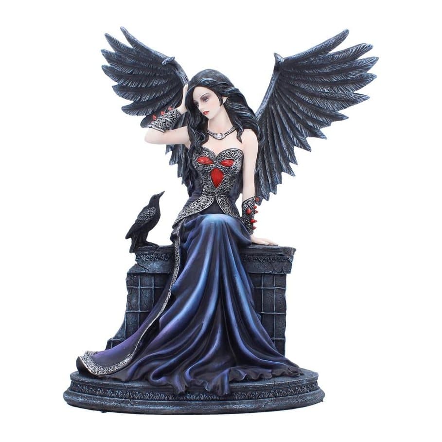 Ravynne gothic fairy figurine seated on a stone-like pew beside a raven