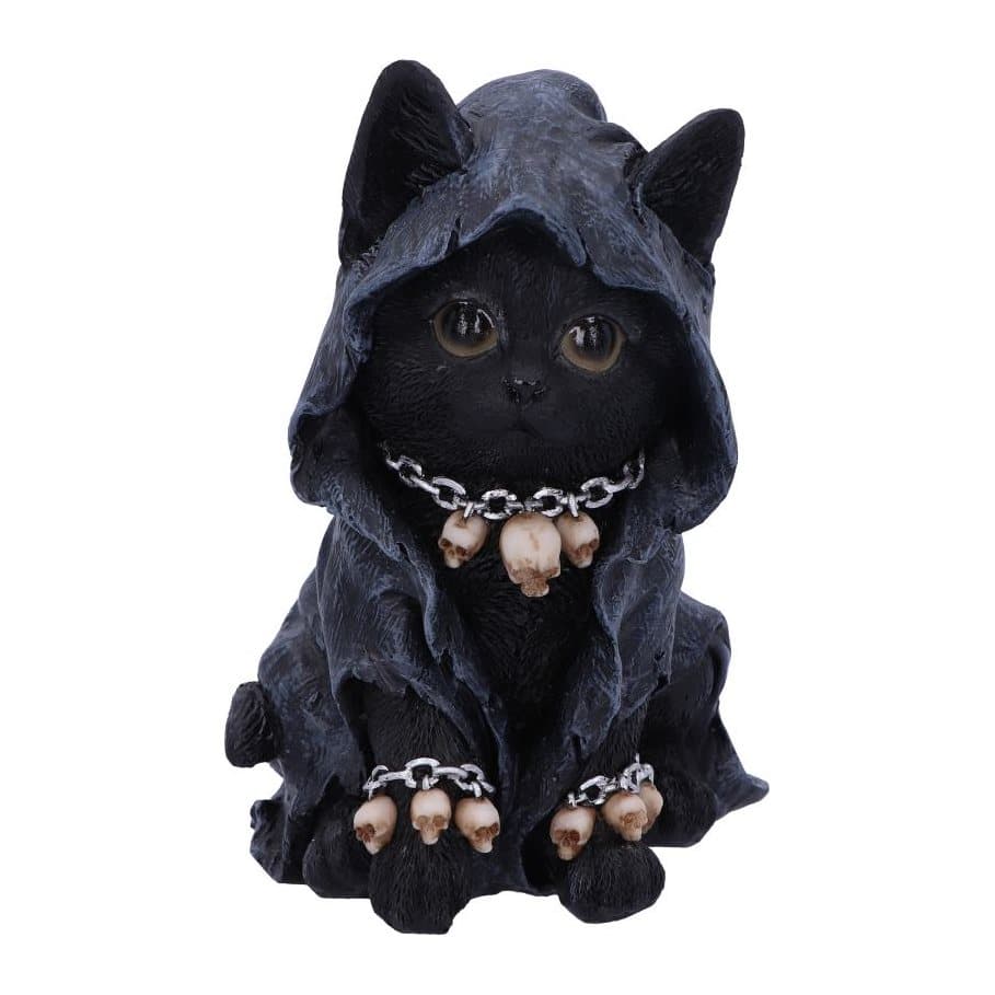 Black kitten figurine in a shroud with olive eyes and a skull-charm collar