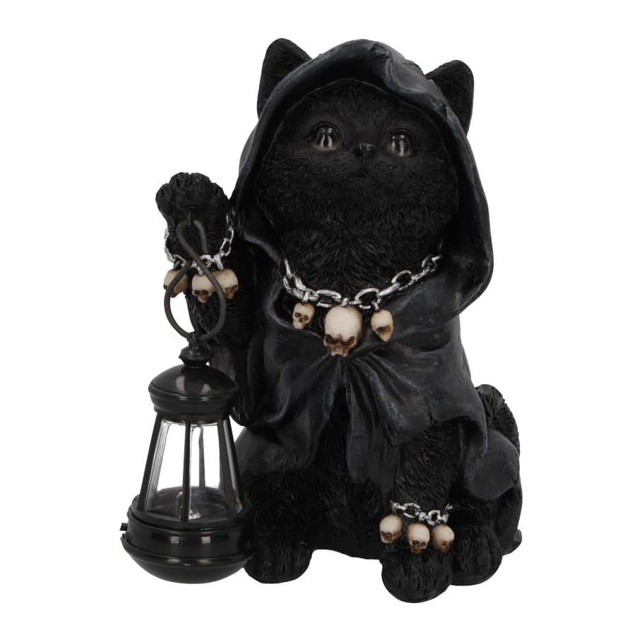 Cat figurine in a black grim reaper cloak holding a lantern