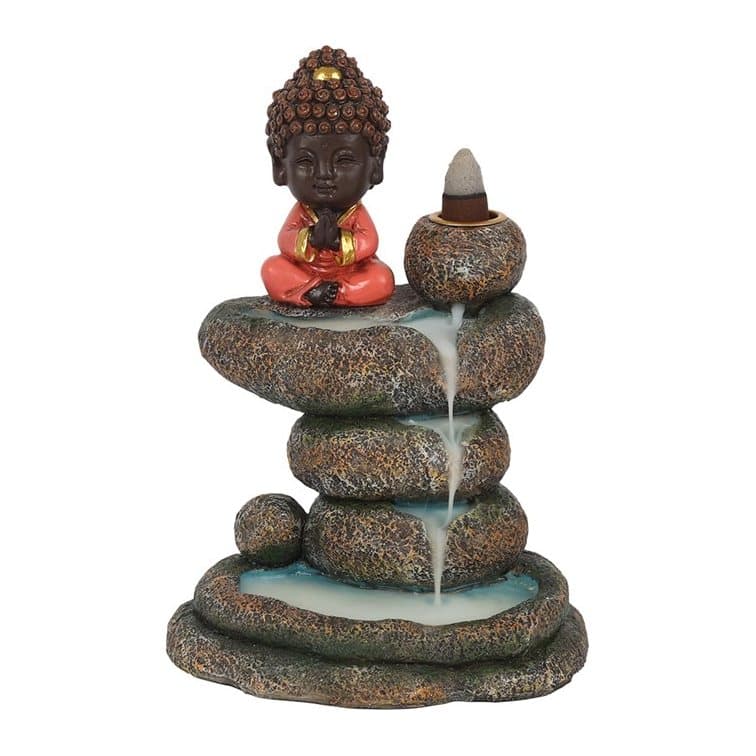 Resin Buddha backflow incense burner with stacked rock pond