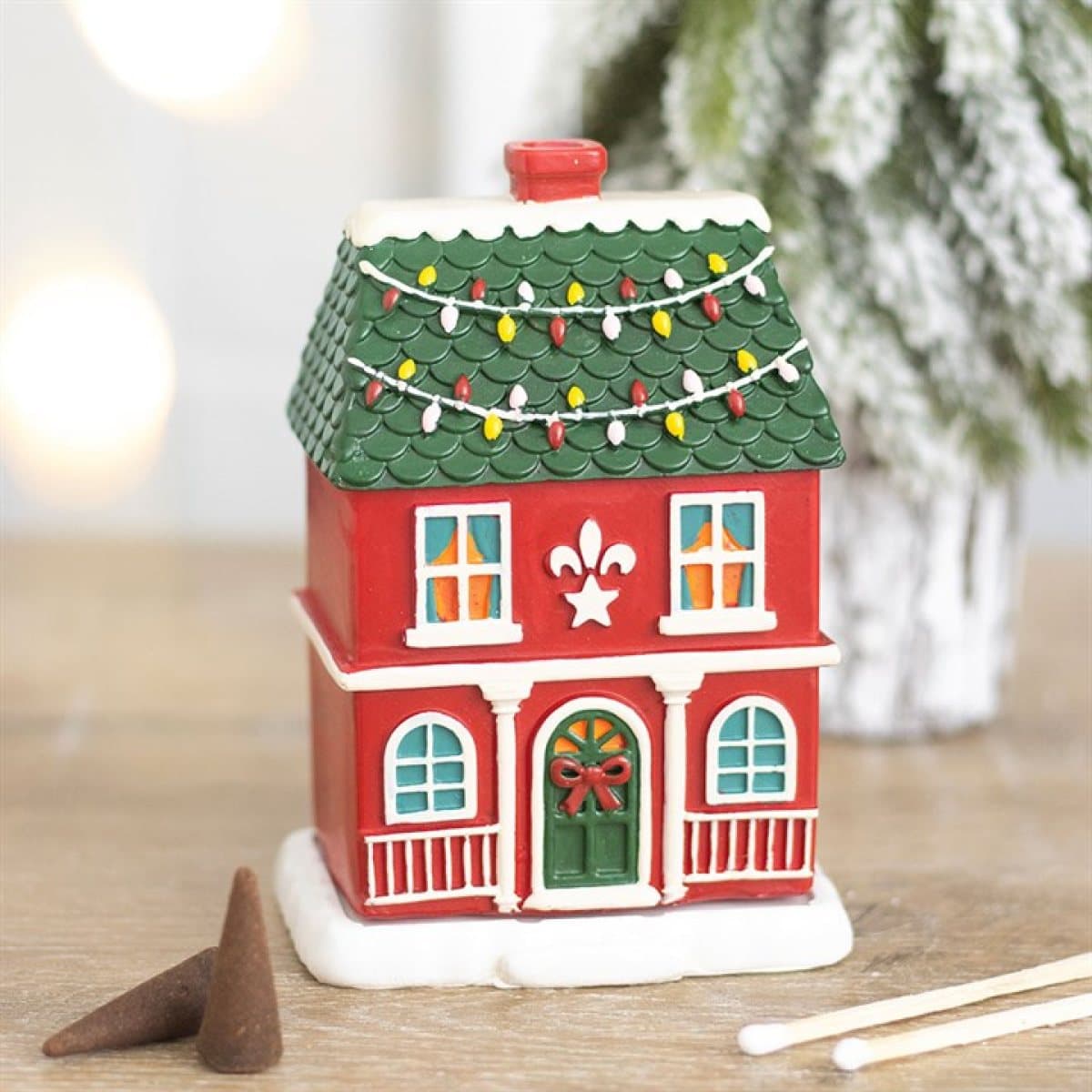 Red Christmas house incense cone burner with snowy details