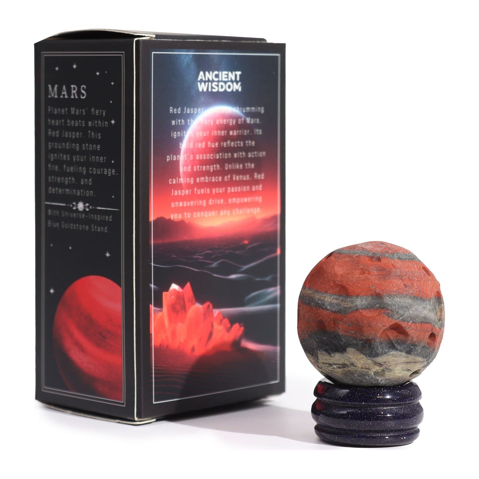 Red jasper sphere shaped as the planet Mars on a goldstone stand