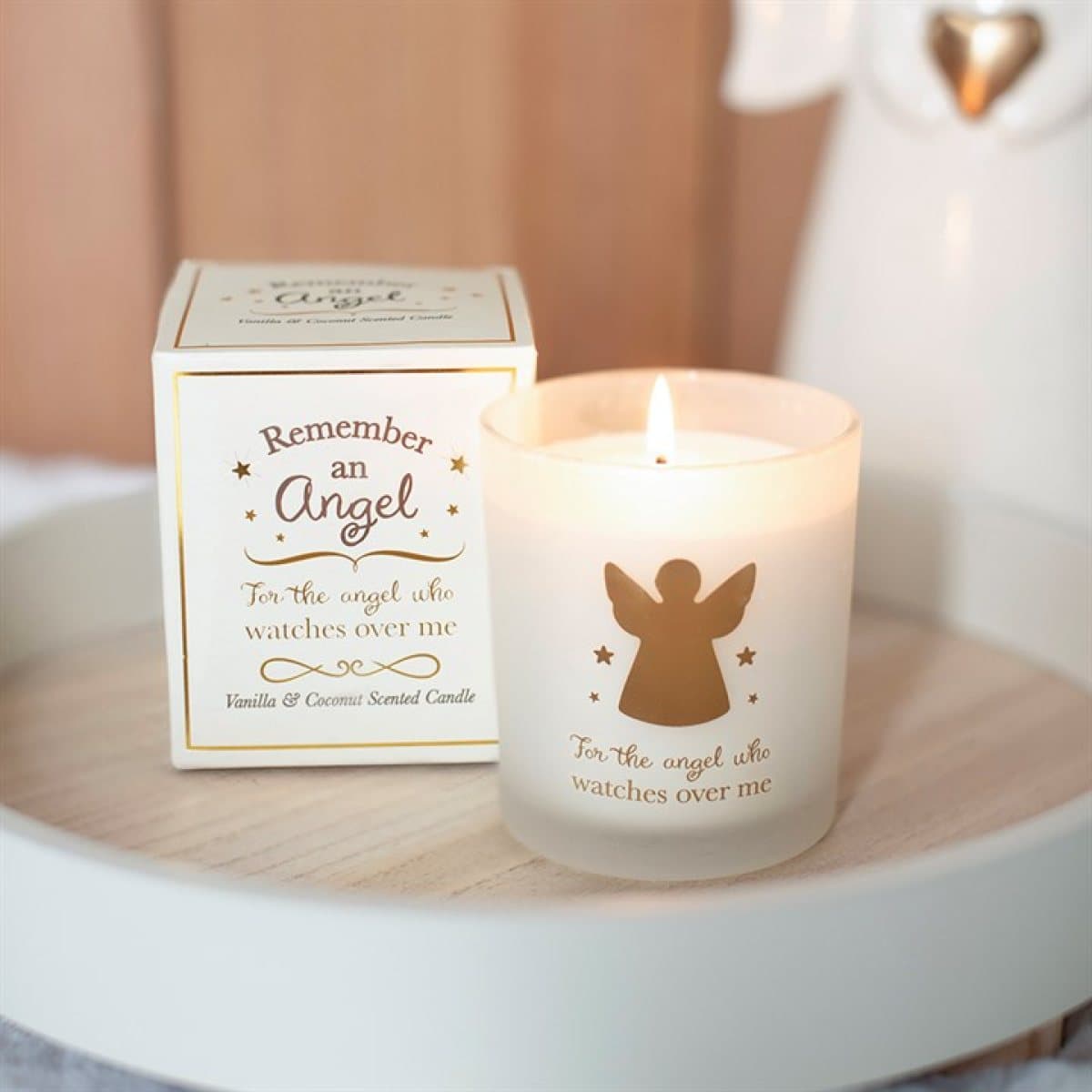 Frosted glass candle with gold angel design and message