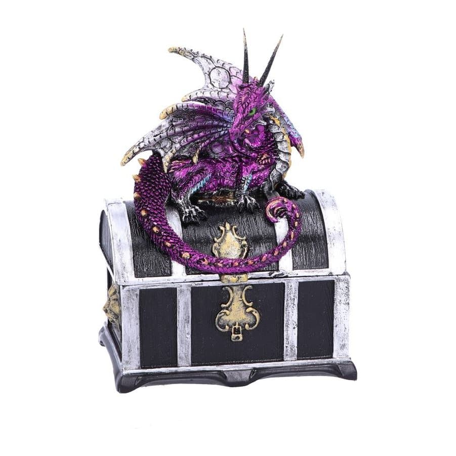 Small metallic purple dragon sitting on an ornate black treasure chest storage box