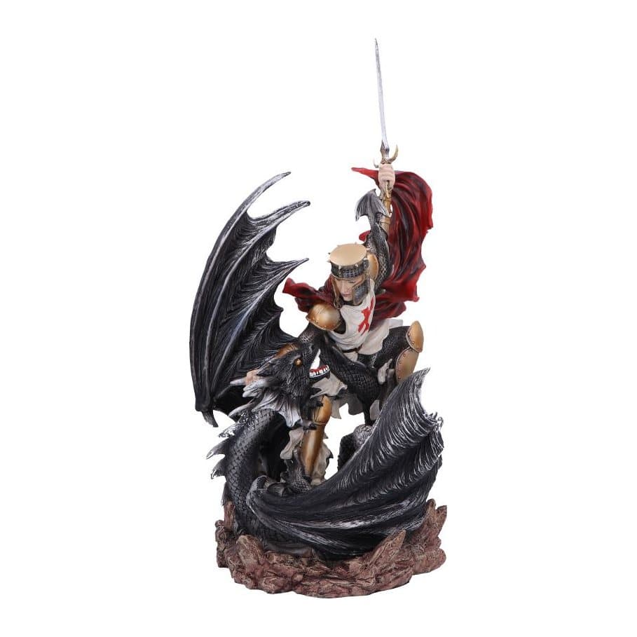 Resin figurine of a knight in golden armour defeating a black dragon