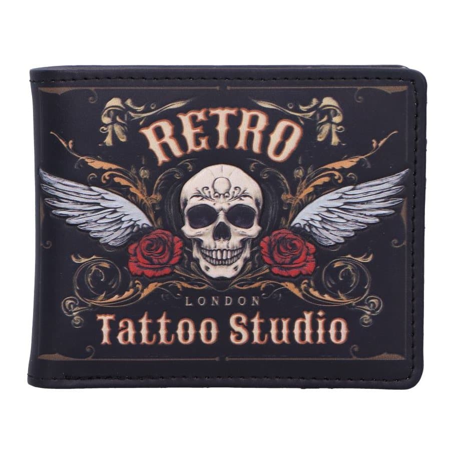 Embossed wallet with a skull rose and wings tattoo design