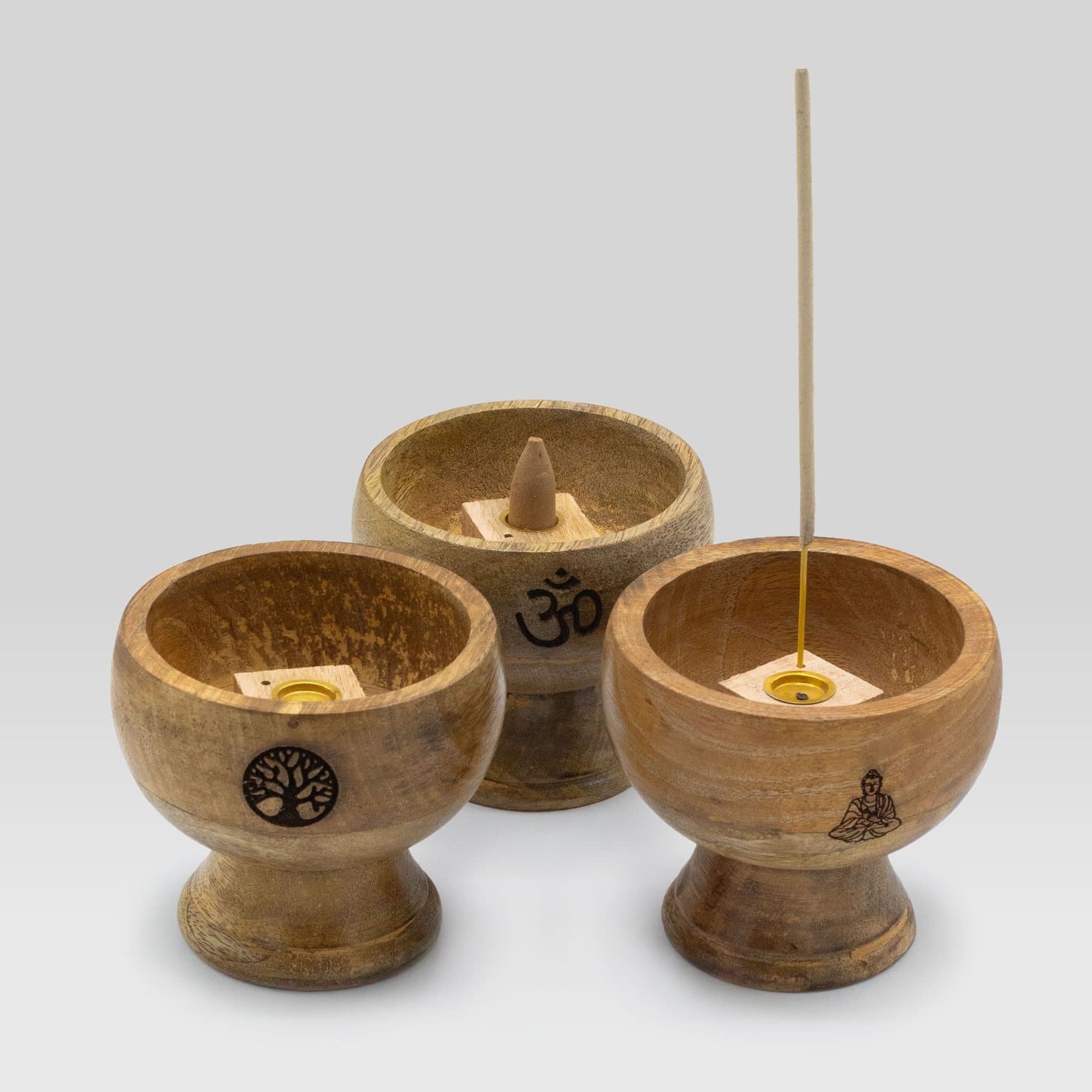 Mango wood ritual bowl incense cone holder with Buddha design