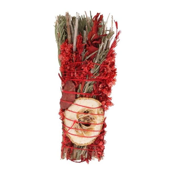 Hand-tied herb bundle with rosemary, white sage and a raw red jasper crystal